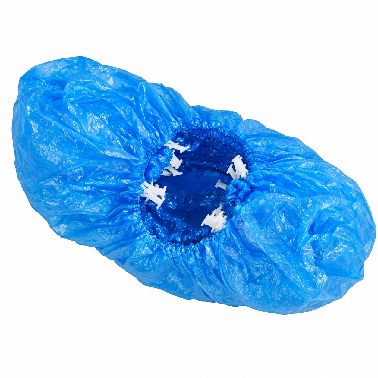 Botoșei albaștri de unică folosință pentru dispenser, cu elastic și cleme de prindere în T